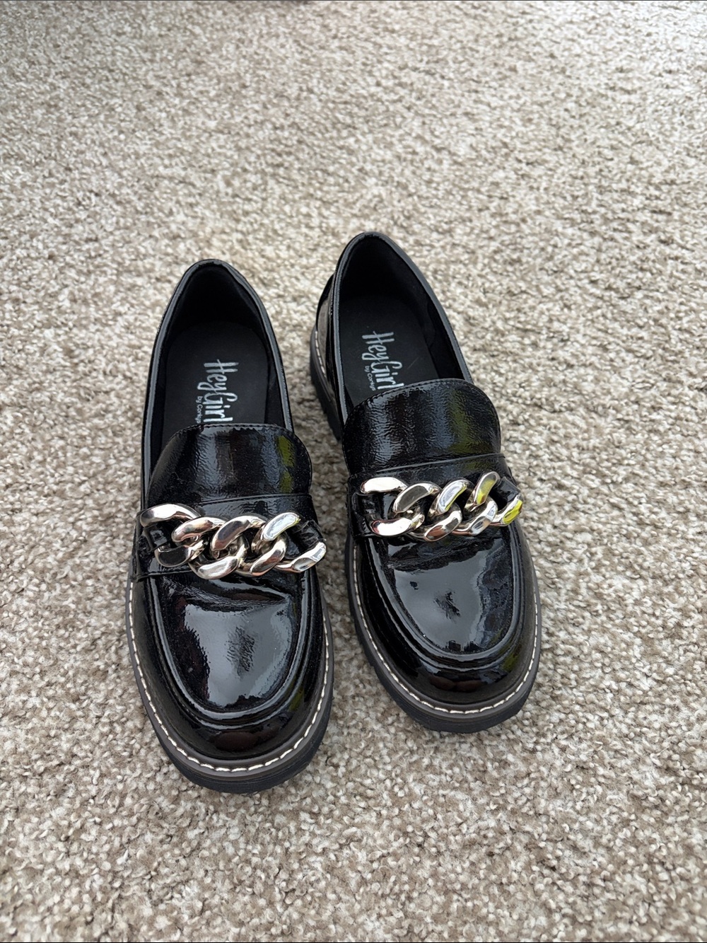 Hey Girl Black Patent Loafers with Chain Accent